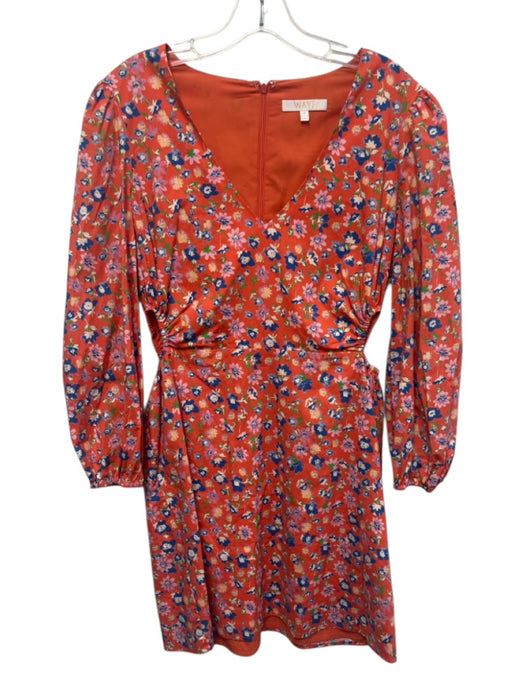 Wayf Size M Orange, Blue & Multi Cotton Blend Long Sleeve Floral V Neck Dress Orange, Blue & Multi / M