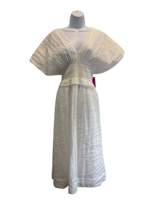 Sea New York Size M / 8 White Ramie & Cotton Short Cap Sleeve Pleat Detail Dress White / M / 8
