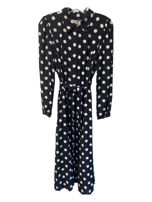 Hobbs Size 4 Black & White Viscose Button Up Collared Belted Polka Dot Dress Black & White / 4