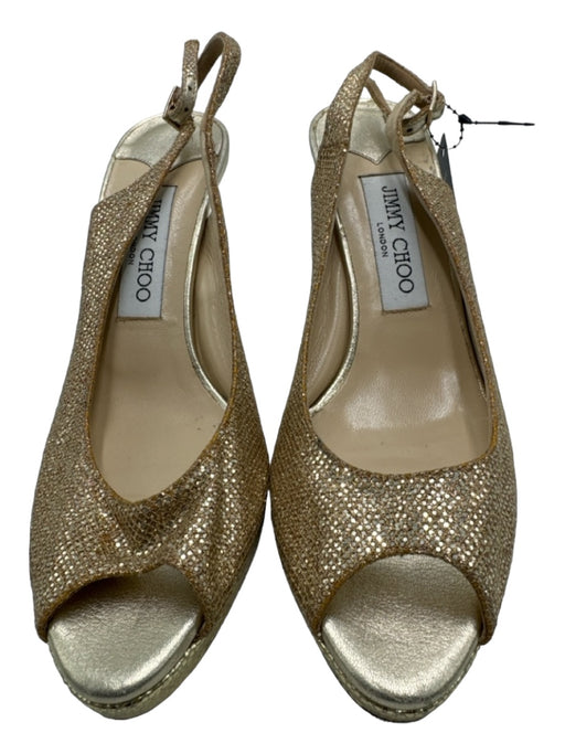 Jimmy Choo Shoe Size 38 Gold Leather Metallic Peep Toe Stiletto Slingback Pumps Gold / 38