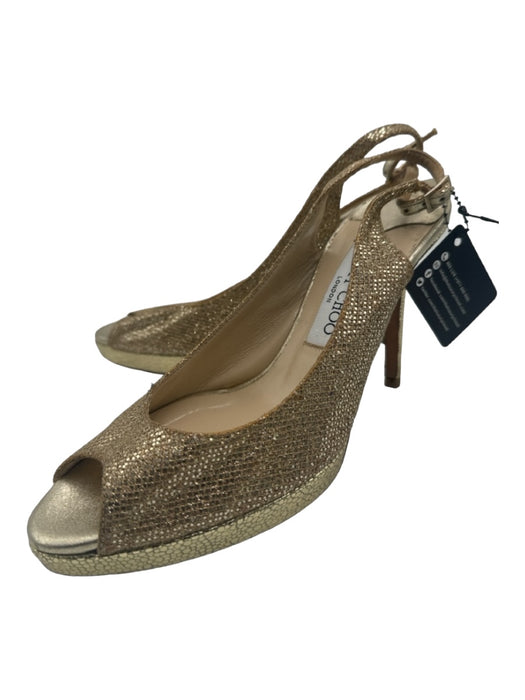 Jimmy Choo Shoe Size 38 Gold Leather Metallic Peep Toe Stiletto Slingback Pumps Gold / 38