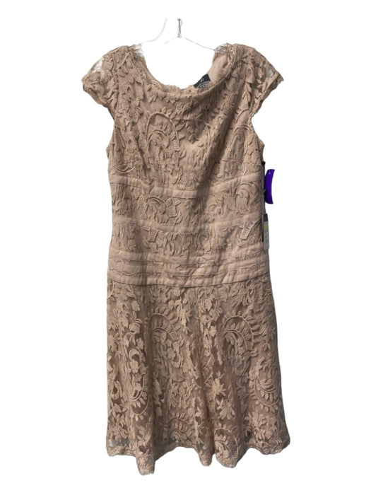 Adrianna Papell Size 10 Beige Nylon Lace Overlay Boat Neck Cap Sleeve Midi Dress Beige / 10