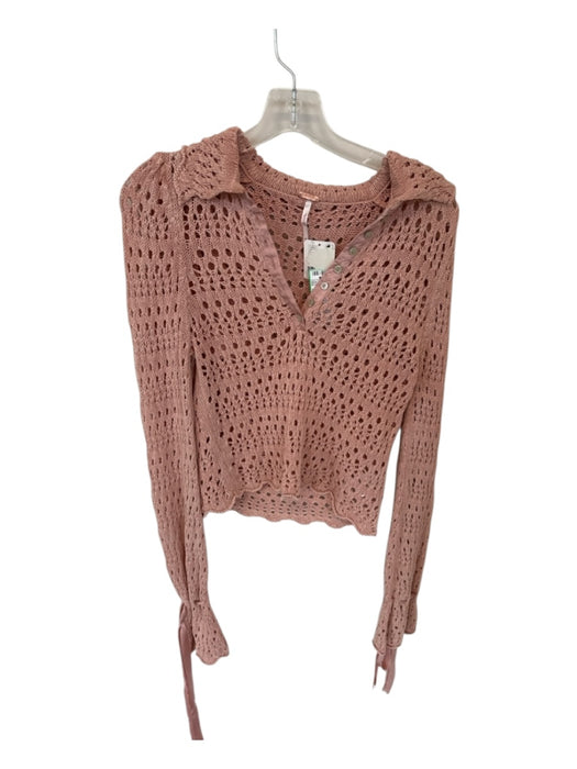 Free People Size XS Mauve Cotton Macrame Long Bell Sleeve Buttons Sweater Mauve / XS