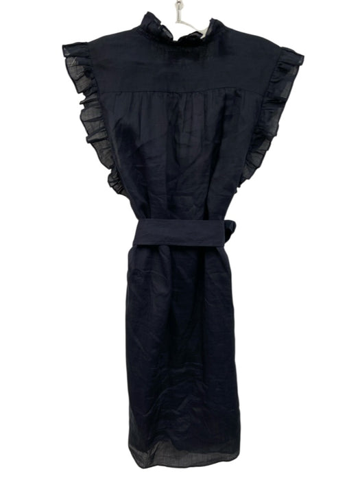 Frame Size L Navy Blue Ramie Ruffle Trim Cap Sleeve Dress Navy Blue / L