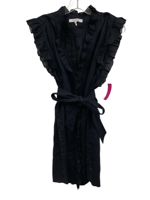 Frame Size L Navy Blue Ramie Ruffle Trim Cap Sleeve Dress Navy Blue / L