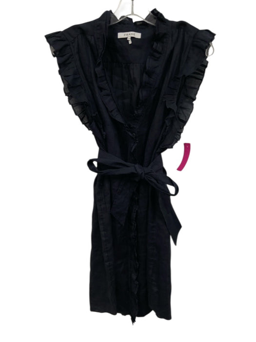 Frame Size L Navy Blue Ramie Ruffle Trim Cap Sleeve Dress Navy Blue / L