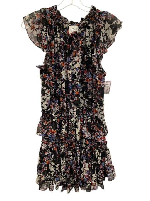 Misa Size M Black, White, Multi Viscose Floral Ruffle Trim Elastic Waist Dress Black, White, Multi / M