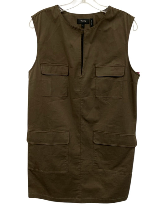 Theory Size 12 Olive Brown Cotton 4 Pocket Split V neckline Sleeveless Dress Olive Brown / 12