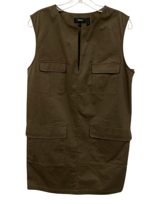 Theory Size 12 Olive Brown Cotton 4 Pocket Split V neckline Sleeveless Dress Olive Brown / 12