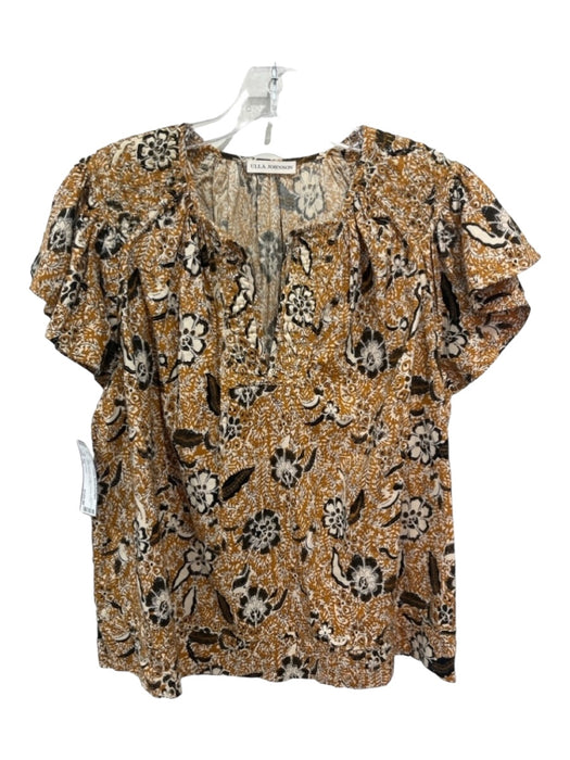 Ulla Johnson Size 12 Black & Yellow Cotton Paisley Floral Flutter Sleeve Top Black & Yellow / 12