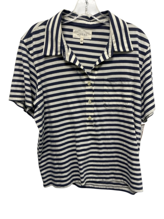The Great Size 2 Cream White & Navy Blue Cotton Striped Short Sleeve Polo Top Cream White & Navy Blue / 2