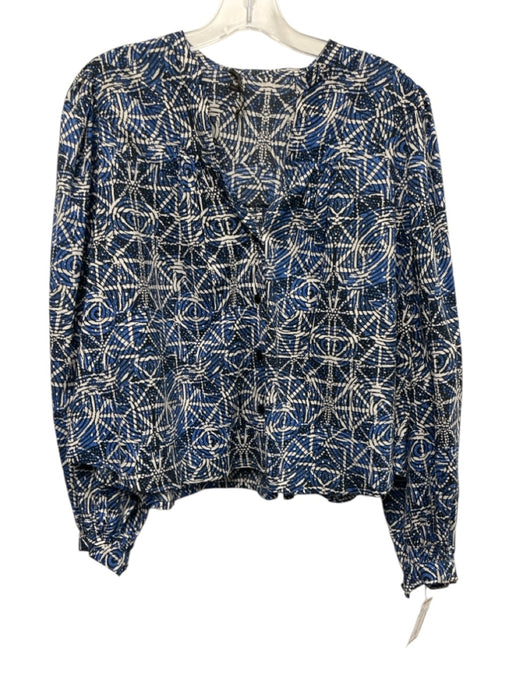 Maje Size 2 Blue, Black & White Cotton Abstract Print Long Balloon Sleeve Top Blue, Black & White / 2
