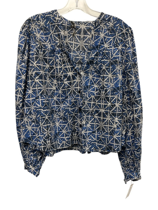 Maje Size 2 Blue, Black & White Cotton Abstract Print Long Balloon Sleeve Top Blue, Black & White / 2