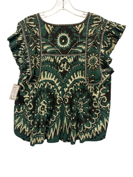 Sea New York Size L Green, Cream & Black Cotton Ruffle Cap Sleeve Tie V Neck Top Green, Cream & Black / L