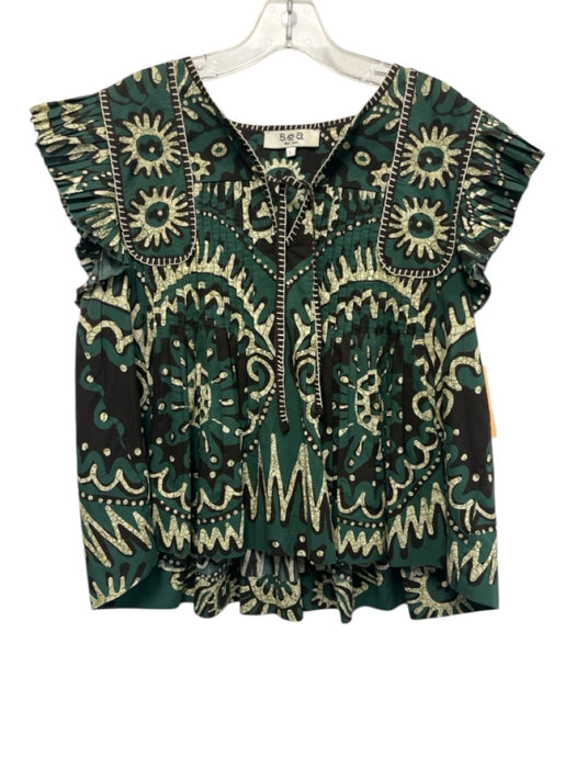 Sea New York Size L Green, Cream & Black Cotton Ruffle Cap Sleeve Tie V Neck Top Green, Cream & Black / L