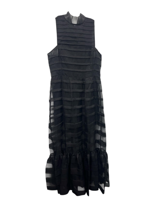 Staud Size 12 Black Polyester Sheer Overlay Pleated Tiers Stripe Dress Black / 12
