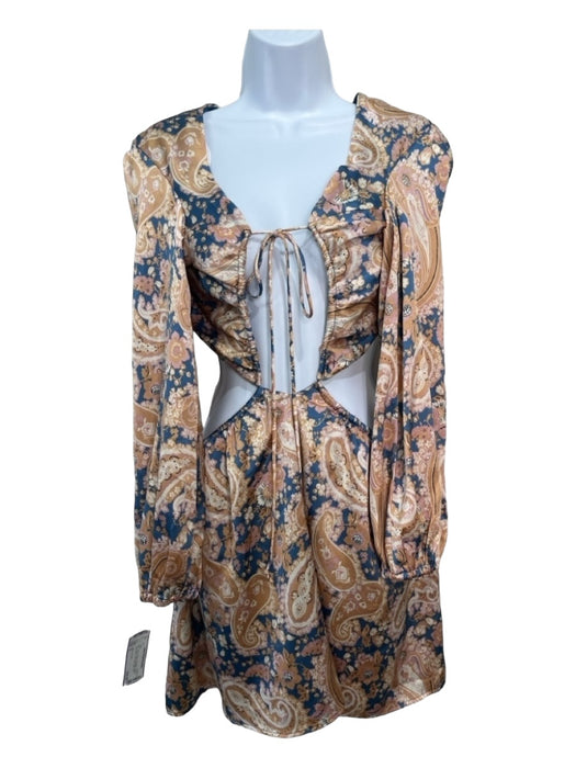 More To Come Size S Blue & Beige Polyester Paisley Long Sleeve Tie Dress Blue & Beige / S