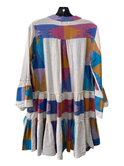 Devotion Twins Size S White & Multi Cotton Geometric Striped 3/4 Sleeve Dress White & Multi / S