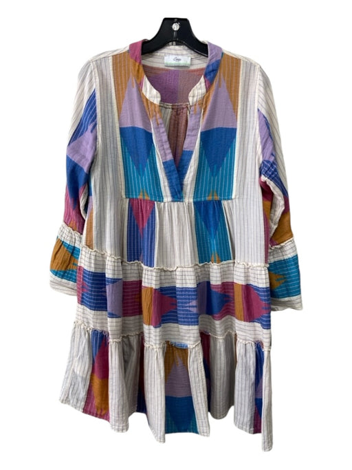 Devotion Twins Size S White & Multi Cotton Geometric Striped 3/4 Sleeve Dress White & Multi / S