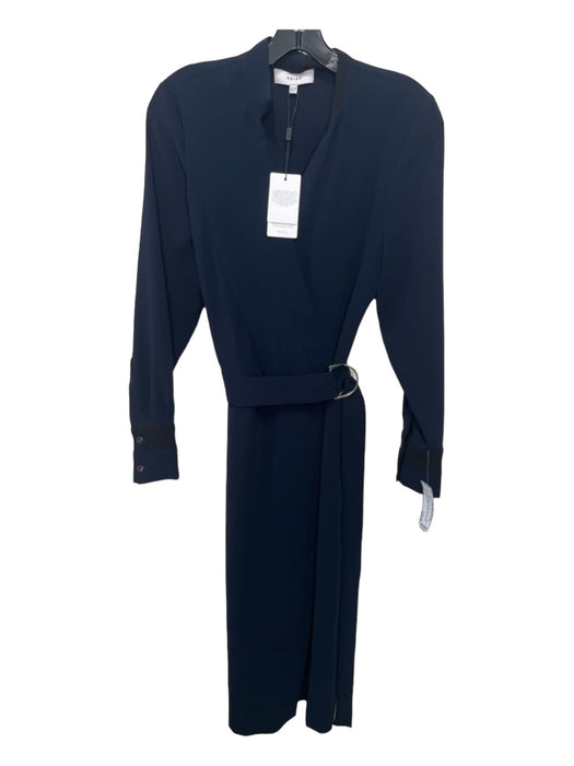 Reiss Size 6 Navy Polyester Surplice Long Sleeve Belted Pleated Dress Navy / 6