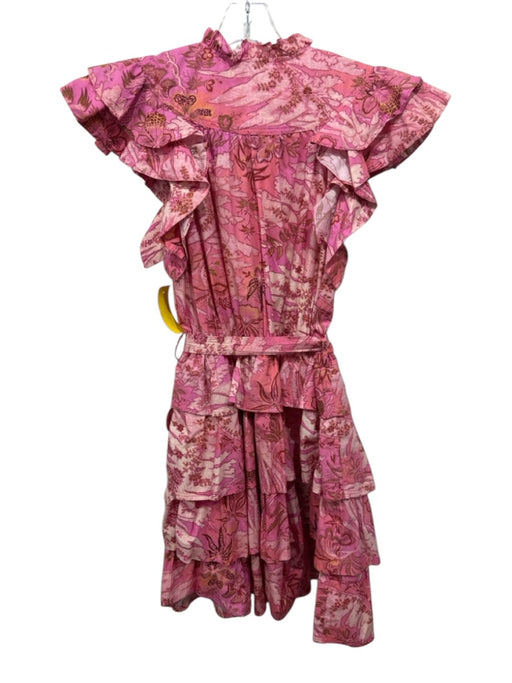 Ulla Johnson Size 10 Pink & Brown Cotton Ruffle Cap Sleeve Floral V Neck Dress Pink & Brown / 10