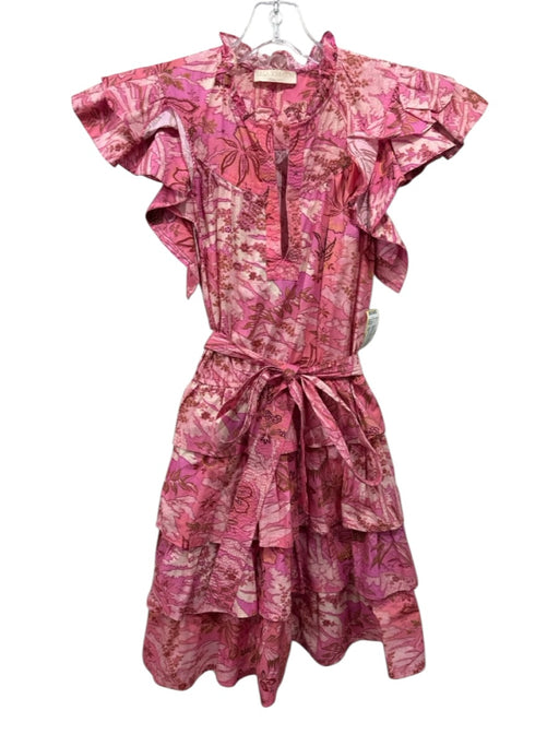 Ulla Johnson Size 10 Pink & Brown Cotton Ruffle Cap Sleeve Floral V Neck Dress Pink & Brown / 10