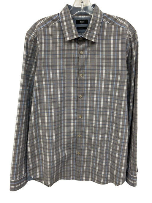 Boss Size L Gray & Baby Blue Cotton Plaid Button Up Men's Long Sleeve Shirt Gray & Baby Blue / L
