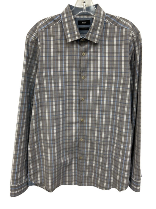 Boss Size L Gray & Baby Blue Cotton Plaid Button Up Men's Long Sleeve Shirt Gray & Baby Blue / L