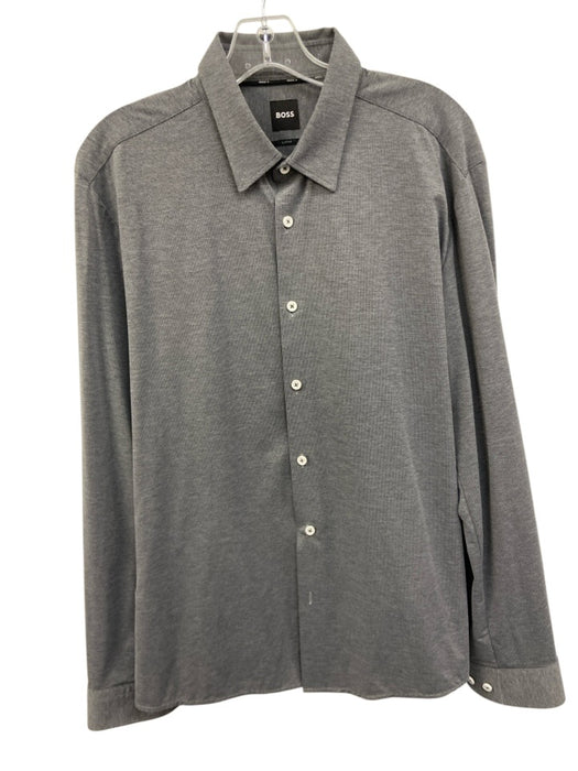 Boss Size L Gray Synthetic Dots Button Up Spread Collar Men's Long Sleeve Shirt Gray / L