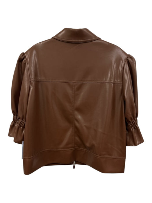 5a7 Cinq a Sept Size S Brown PU Leather Short Puff Sleeve Zip Fly Collar Jacket Brown / S