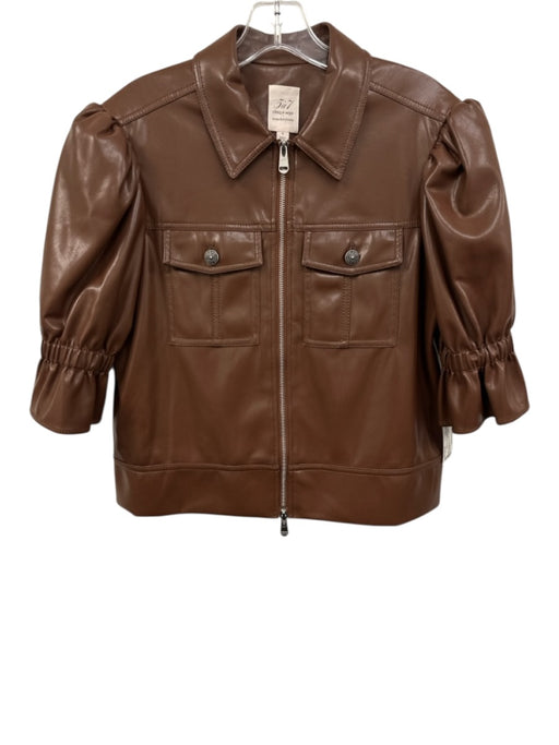 5a7 Cinq a Sept Size S Brown PU Leather Short Puff Sleeve Zip Fly Collar Jacket Brown / S