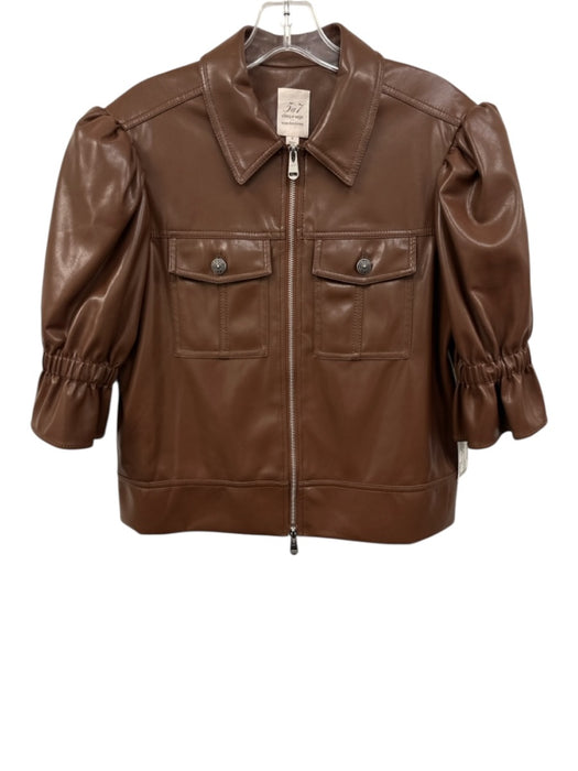 5a7 Cinq a Sept Size S Brown PU Leather Short Puff Sleeve Zip Fly Collar Jacket Brown / S