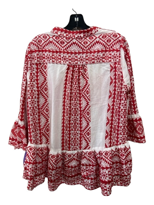 Greek Archaic Kori Size S Red & White Cotton Embroidered Round Split Neck Top Red & White / S