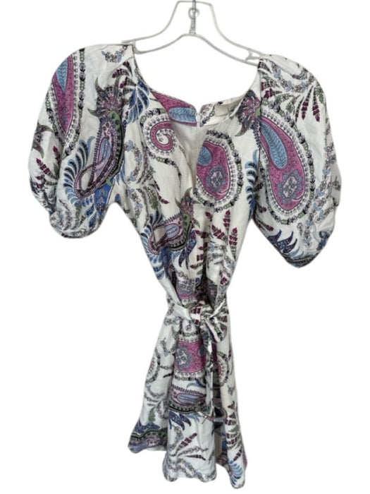 Loft Size 4 White & Purple Cotton V Neck Paisley Puff Sleeve belt Dress White & Purple / 4