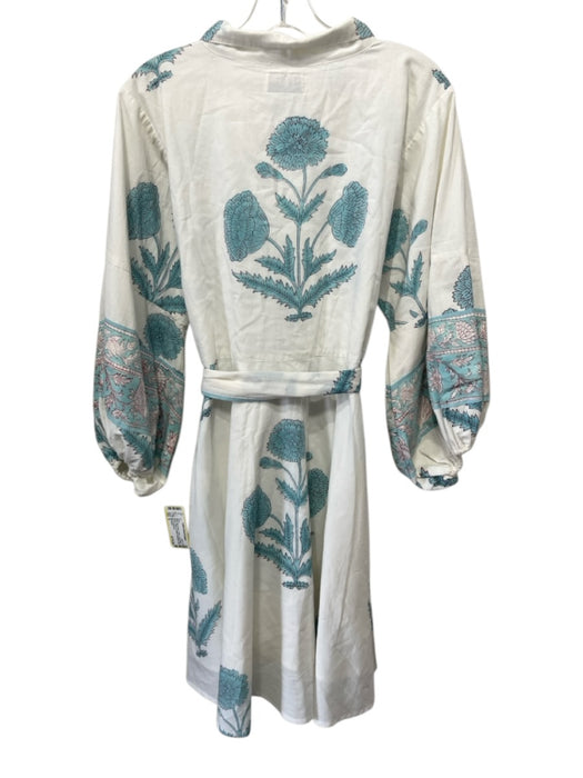 Sue Sartor Size S White, Blue & Red Cotton Long Balloon Sleeve Floral Dress White, Blue & Red / S