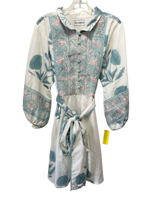 Sue Sartor Size S White, Blue & Red Cotton Long Balloon Sleeve Floral Dress White, Blue & Red / S