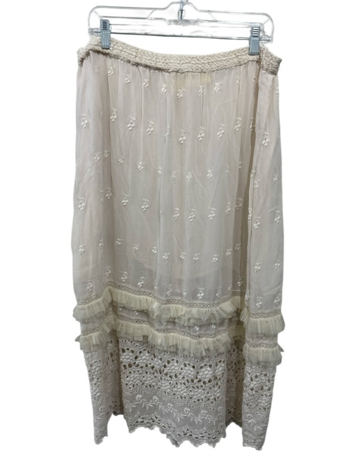 Love Shack Fancy Size L Cream Viscose Elastic Waist Sheer Overlay eyelet Skirt Cream / L