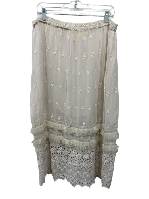 Love Shack Fancy Size L Cream Viscose Elastic Waist Sheer Overlay eyelet Skirt Cream / L