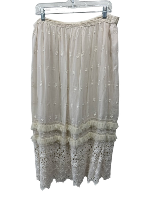 Love Shack Fancy Size L Cream Viscose Elastic Waist Sheer Overlay eyelet Skirt Cream / L