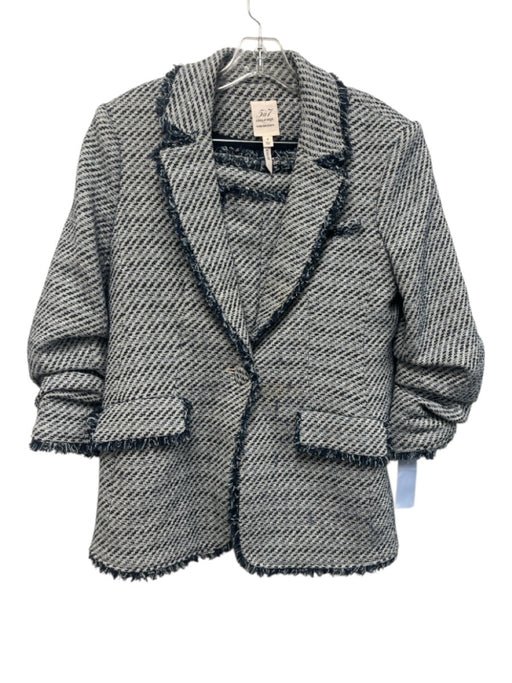 Cinq a Sept Size 8 Blue & White Cotton Blend Long Ruched Sleeve Tweed Short Set Blue & White / 8