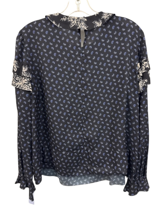 Jason Wu Size 8 Navy Blue & White Polyester Long Sleeve Paisley Ruffle Top Navy Blue & White / 8