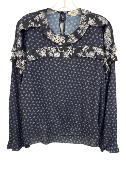 Jason Wu Size 8 Navy Blue & White Polyester Long Sleeve Paisley Ruffle Top Navy Blue & White / 8
