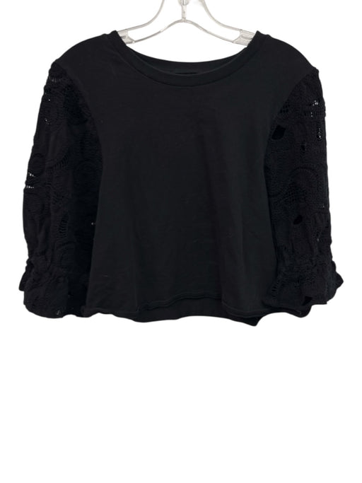 Cinq a Sept Size Large Black Cotton Blend Half Puff Sleeve Crochet Top Black / Large