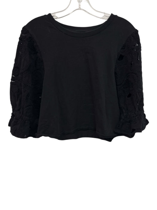 Cinq a Sept Size Large Black Cotton Blend Half Puff Sleeve Crochet Top Black / Large