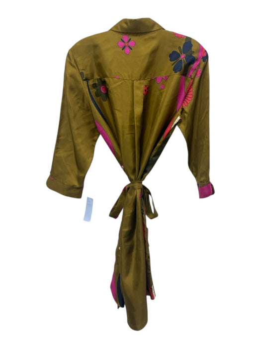 Vilagallo Size 42 Green Brown, Pink & Red Silk Flower Print 3/4 Sleeve Dress Green Brown, Pink & Red / 42