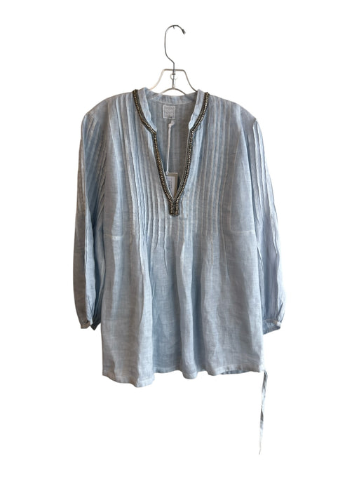 120% Lino Size 42 Baby Blue Linen Long Sleeve V Neck Beaded Design Top Baby Blue / 42