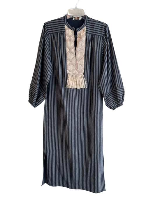 Tory Burch Size 8 Navy Blue Cotton Long Sleeve Striped V Neck Dress Navy Blue / 8