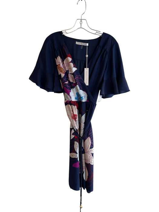 Trina Turk Size S Navy Blue Polyester Short Sleeve Floral Print V Neck Dress Navy Blue / S