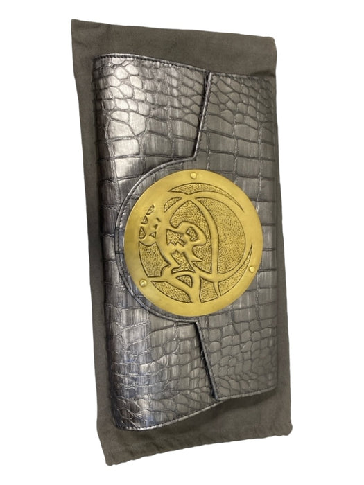 Dareen Hakim Gray & Gold Leather Brass Hardware Aligators Clutch Bag Gray & Gold