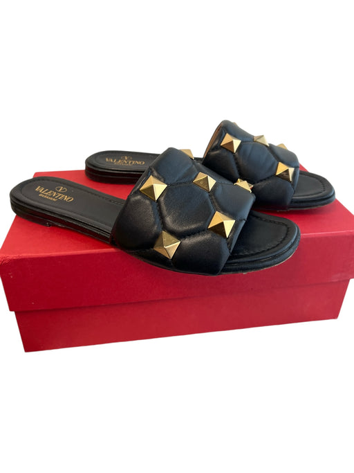 Valentino Shoe Size 40 Black Leather open toe studded detail Flat Sandal Shoes Black / 40